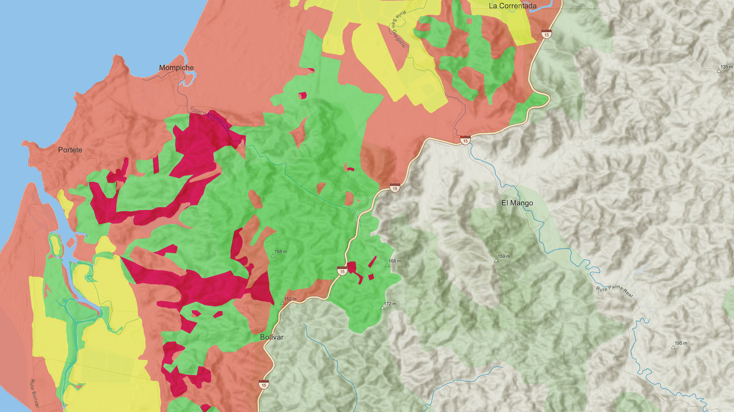 Map of Mompiche area with showing that in the years from 2016 to 2023 is a loss of about a quarter of the rainforest
